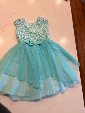 Girls Aqua Lace Bodice Tulle Party Dress with Bow Size 5